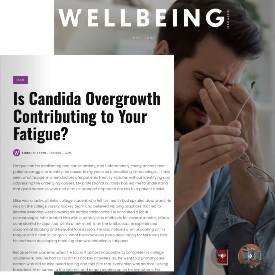 wellbeing magazine article featuring dr dean mitchell about candida overgrowth and fatigue