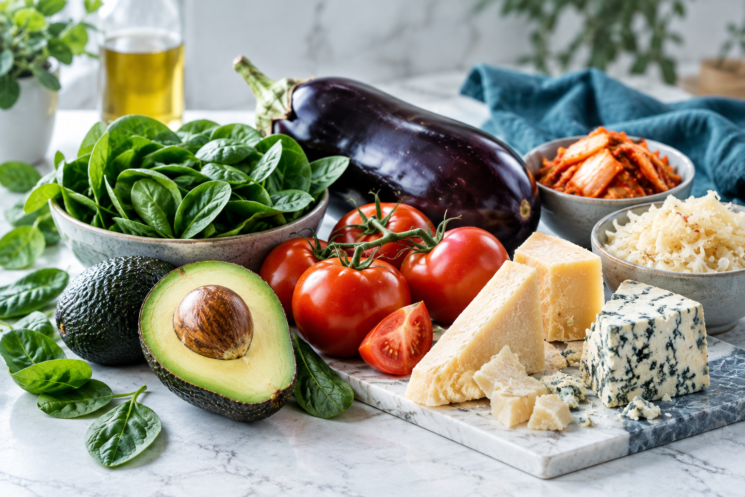 High-histamine foods including avocado, spinach, eggplant, tomatoes, aged cheeses, and fermented foods