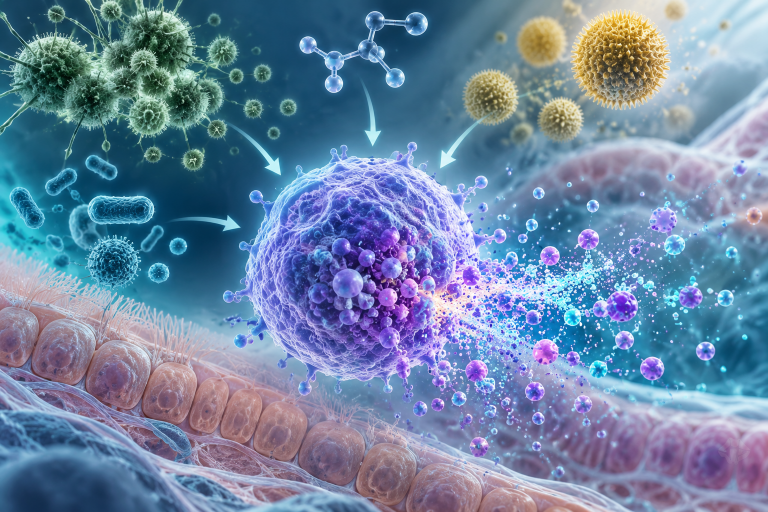 Medical illustration showing mast cell activation and release of inflammatory mediators